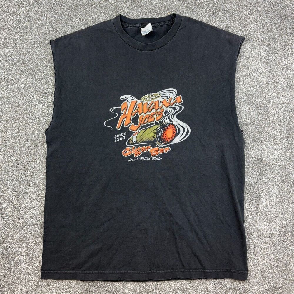 Vintage Havana Joe's Cigar Bar‎ Shirt Mens XL Black Faded Tank Top Sleeveless